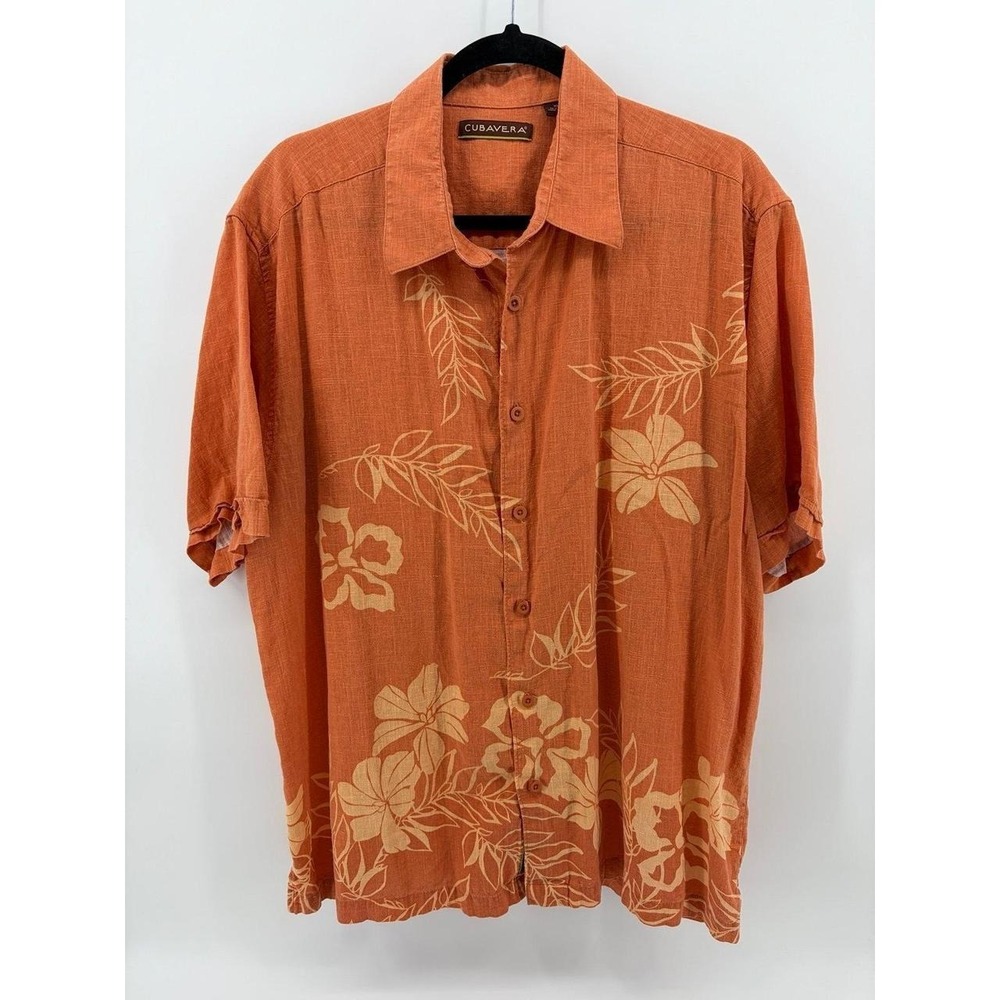 Cubavera Shirt, Orange Linen Blend, Tropical Floral Beach Vacation, Men Size XL